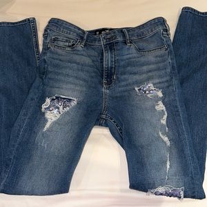 Hollister high rise super skinny jeans, dark, 2 rips with sequins underneath